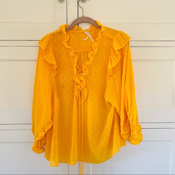 ANTHROPOLOGIE Yellow Dot Ruffle Blouse Small - Picture 3 of 15